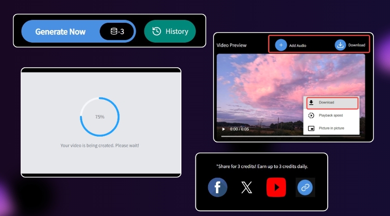 Generate and download watermark-free videos with one click Generate and download watermark-free videos with one click