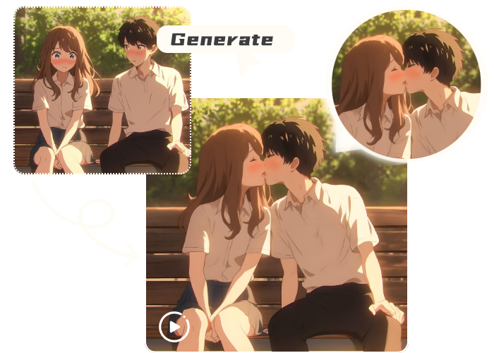 Got a favorite anime ship that deserves a little extra love? Our AI French kiss video generator is here to make those animated crushes come alive! Whether it’s real people or your beloved cartoon couples, just upload their pics and watch AI spark up a passionate kiss in seconds. Perfect for creating anime kiss GIFs to wow your followers on Instagram, TikTok, or Twitter , because every fanfic needs that swoon-worthy moment.